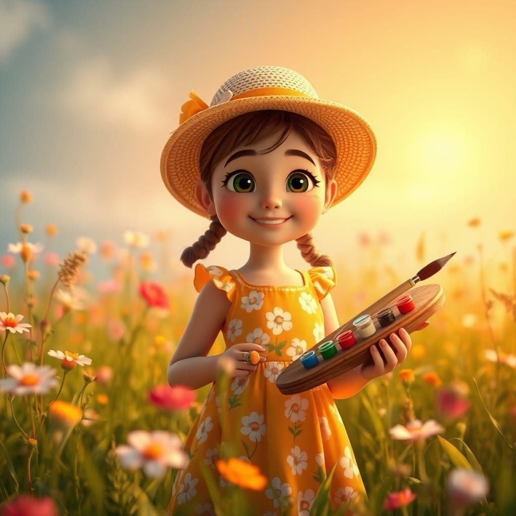 Girl Painting Flowers in a Sunny Meadow, Digital Art