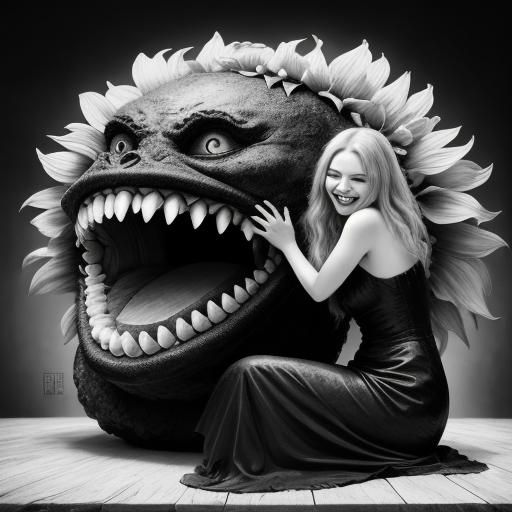 Girl Hugs Sunflower Monster: Surreal Black and White Photogr...
