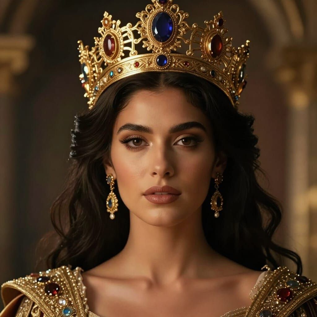 Regal Latina Queen in Ornate Golden Crown
