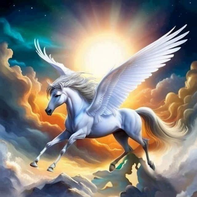 Hyperrealistic Pegasus Flying Through Sunlit Clouds
