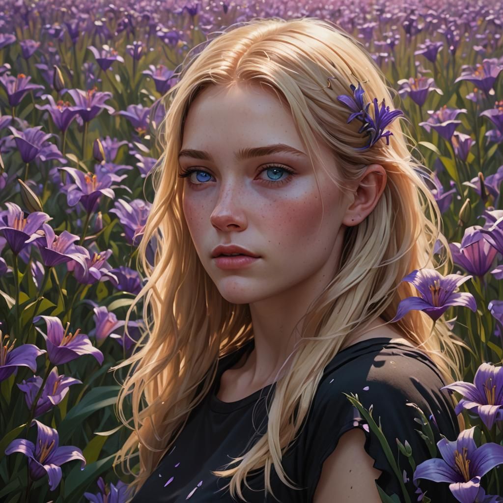 Blonde Girl Portrait in Lily Field, Hyperdetailed Art