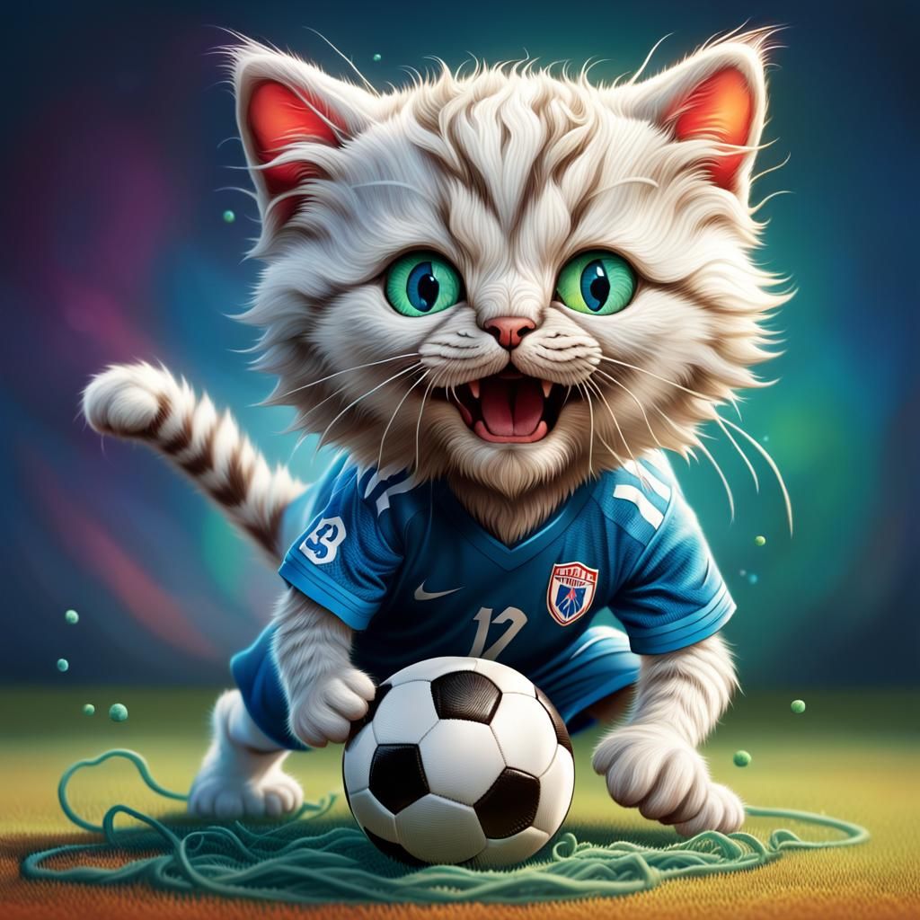 Anthropomorphic Kitten Plays Soccer in Hyperrealistic Style