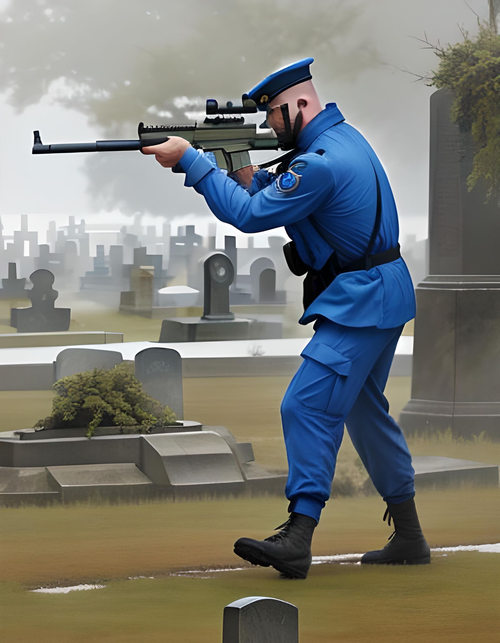 Soldier Fires M16 in Mist-Shrouded Graveyard