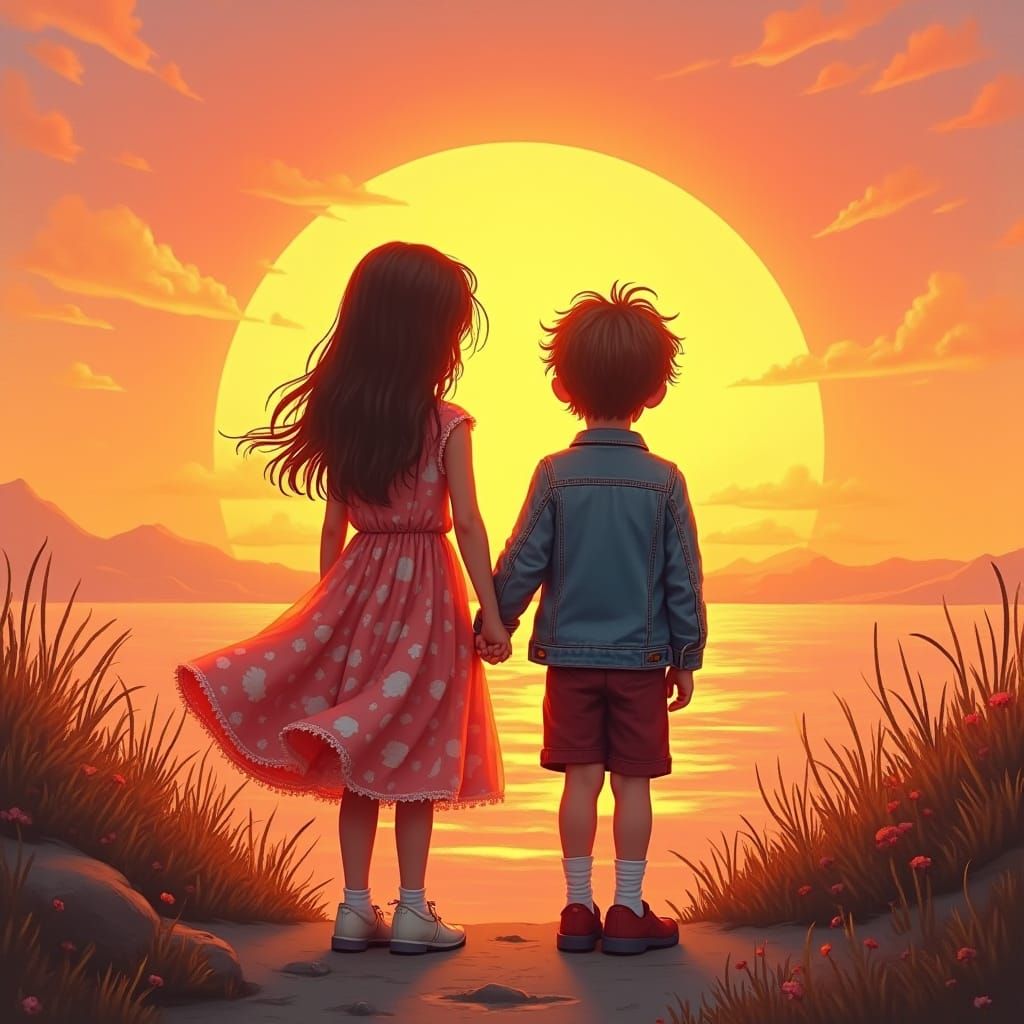 Sunset Silhouette of Siblings, Ethereal Art