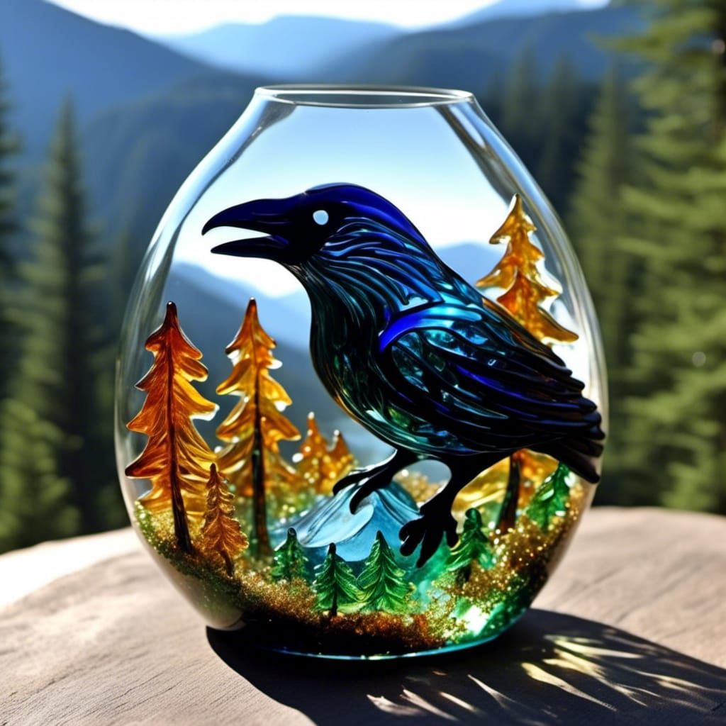 Glass Raven with Mountain Nature Inside
