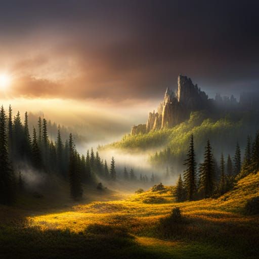 Sunlit Forest with Fog: Digital Matte Painting