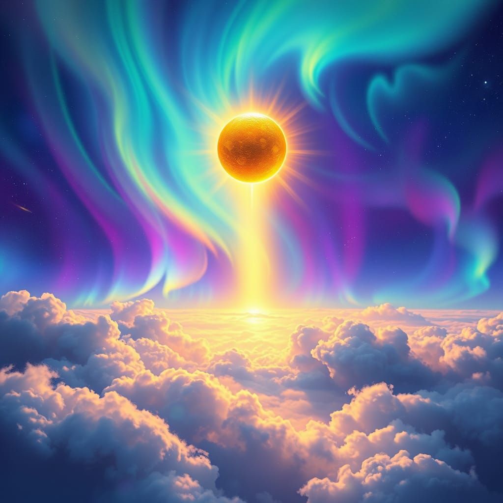 Radiant Golden Orb Ascending Through Aurora Sky