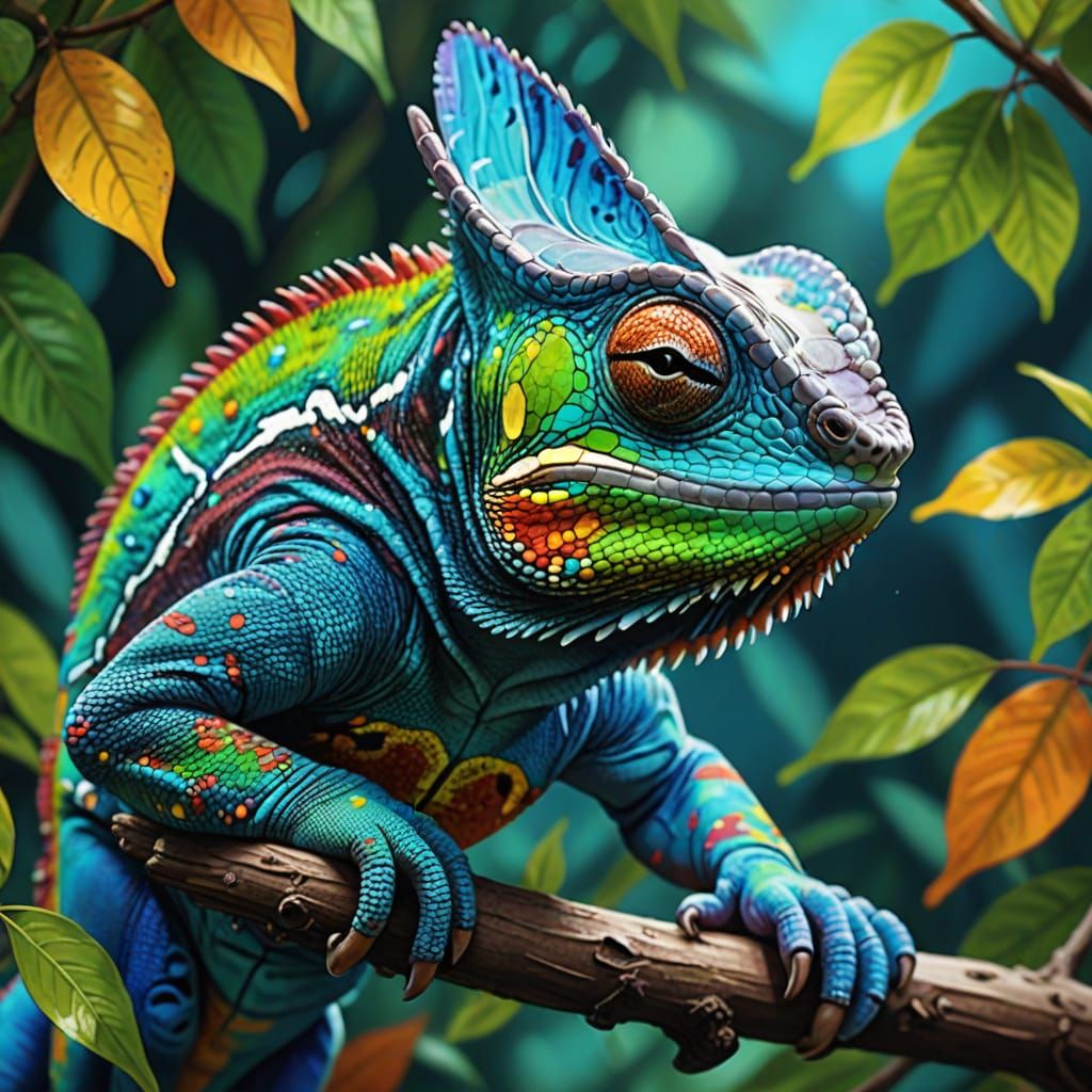 Vibrant Chameleon Portrait in Triadic Colors