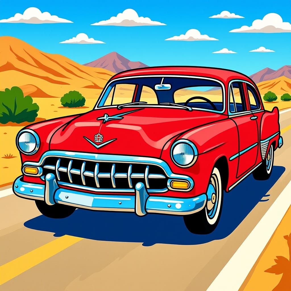 Vintage Cadillac Lowrider on Desert Highway, Psychedelic Art