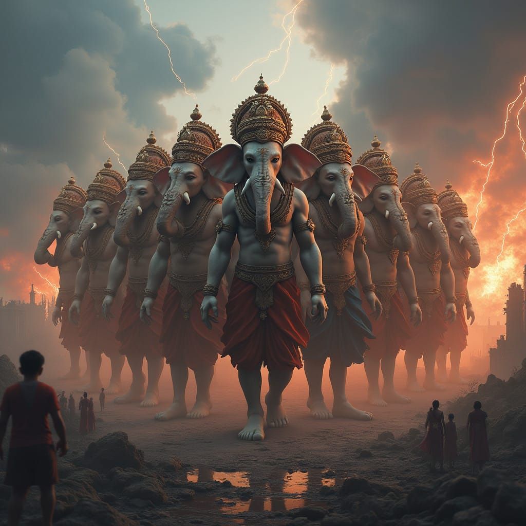 Ganesha Avatars Unite in War-Torn Fantasy Landscape Art