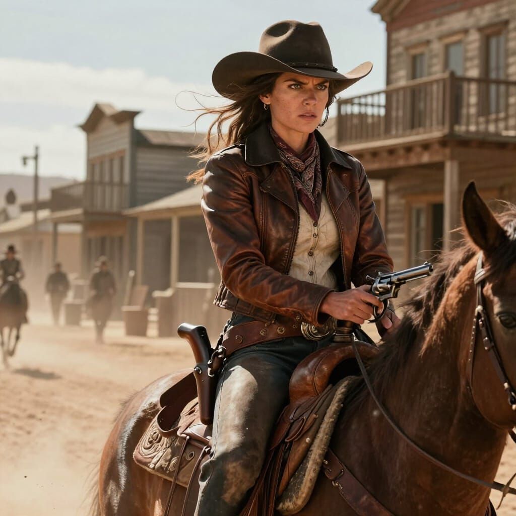 Gunslinger Cowgirl Rides Through Dusty Texas Town