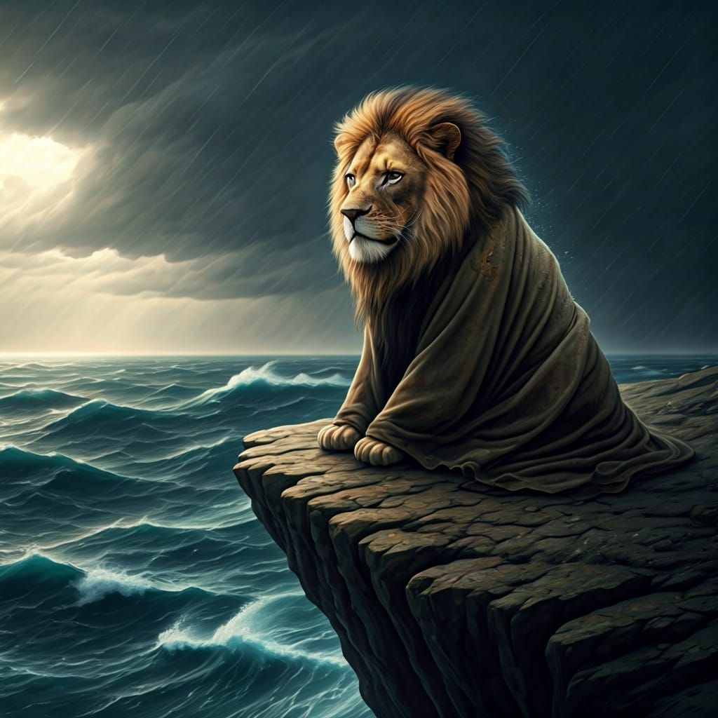Melancholic Lion on Stormy Cliff in Romantic Style