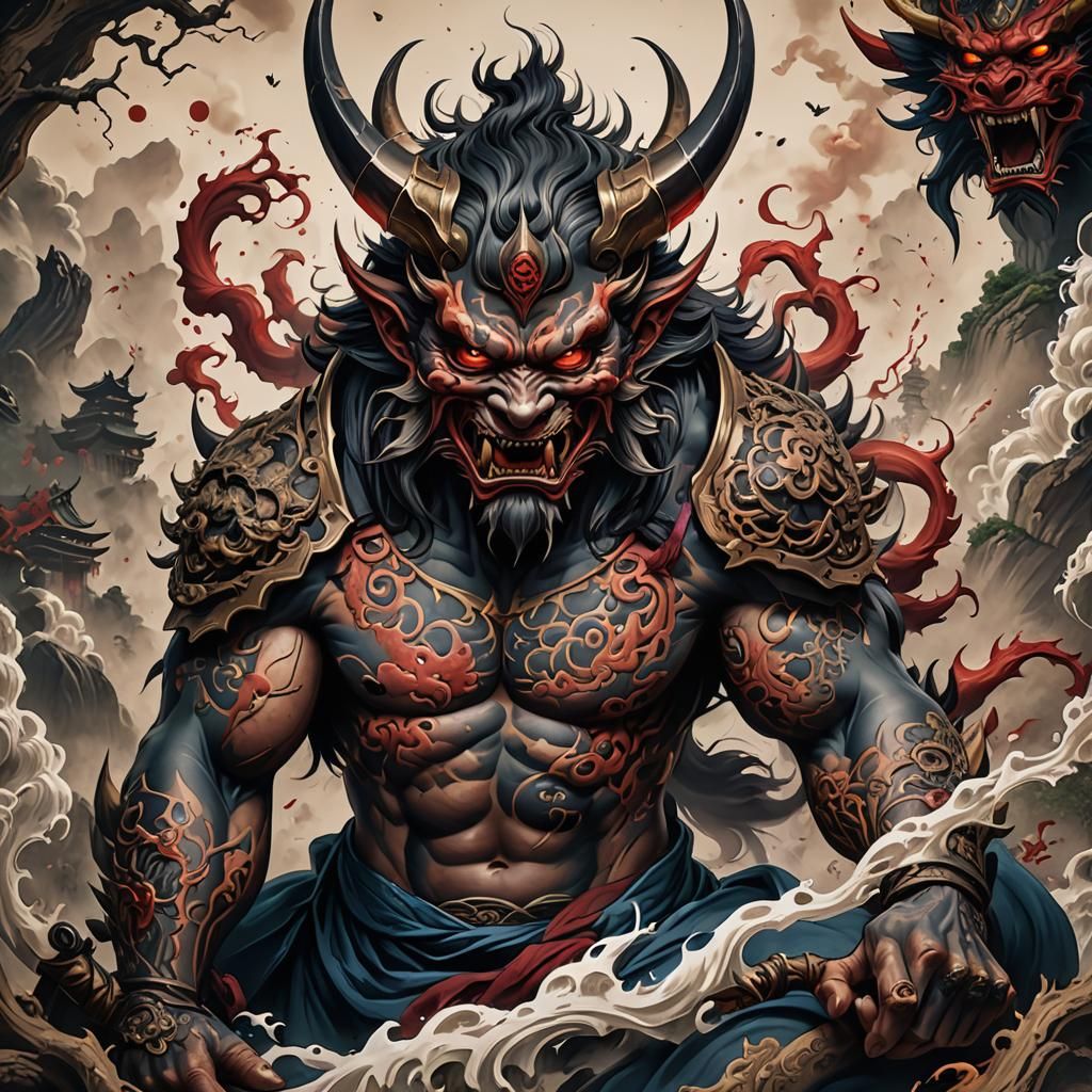 Japanese Demon Tattoo Stencil in Detailed Matte Style