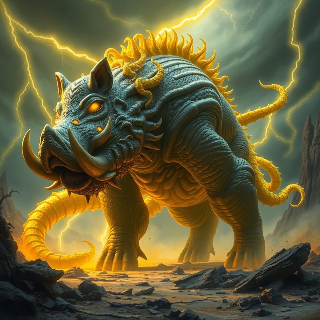 Venomous Boar Hybrid in Stormy Landscape, Hyperdetailed Art
