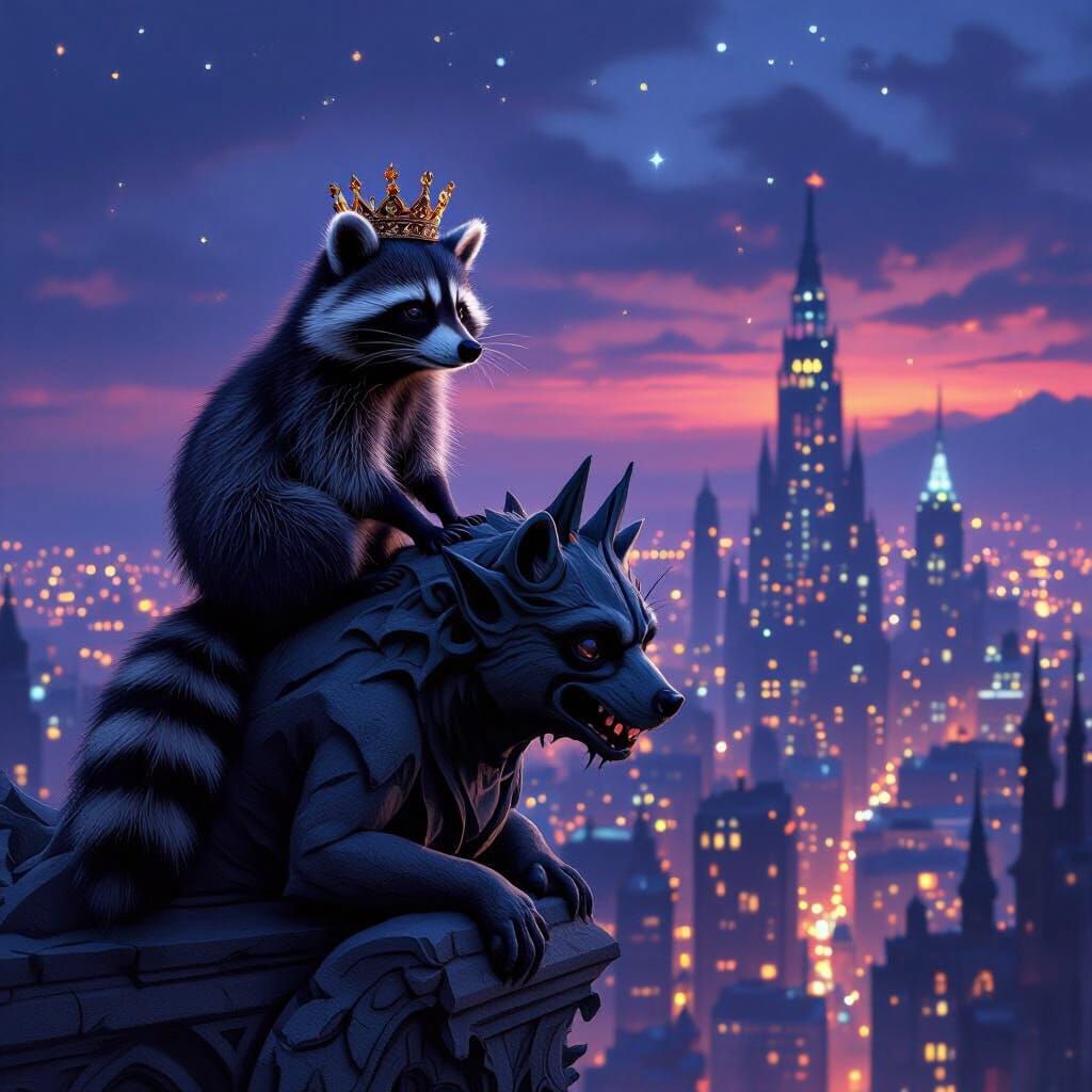 Gothic Fantasy Raccoon on Gargoyle Overlooking Future City
