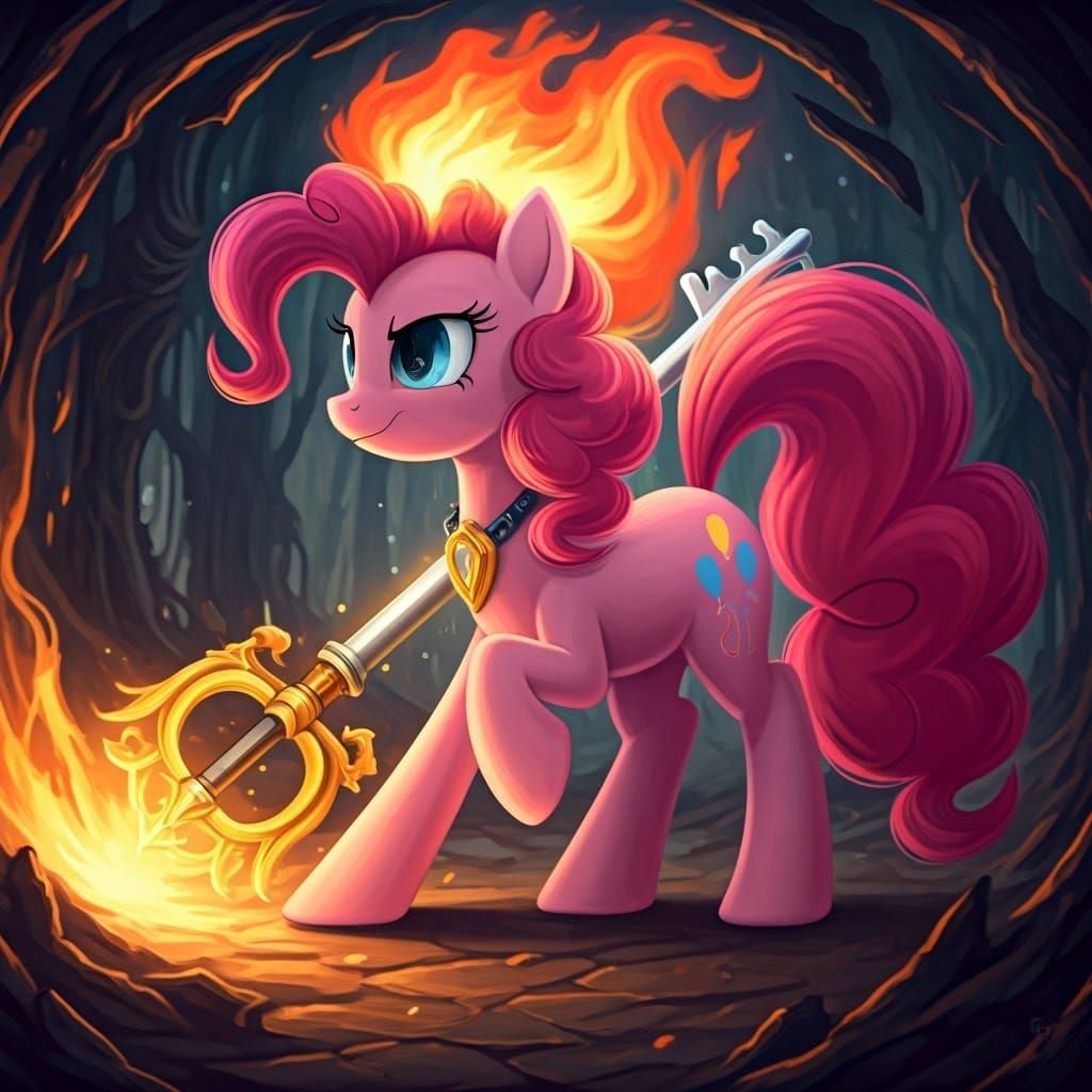 Mystical Pink Pony Wields Keyblade in Vibrant Fantasy Scene