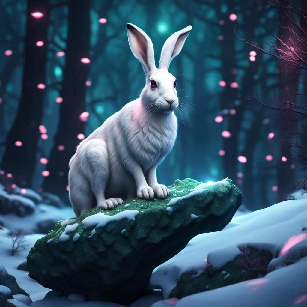 Large white hare, burgundy colored eyes with a pink glow, perched on a rock in a dark  blue green magical snowy forest. ...