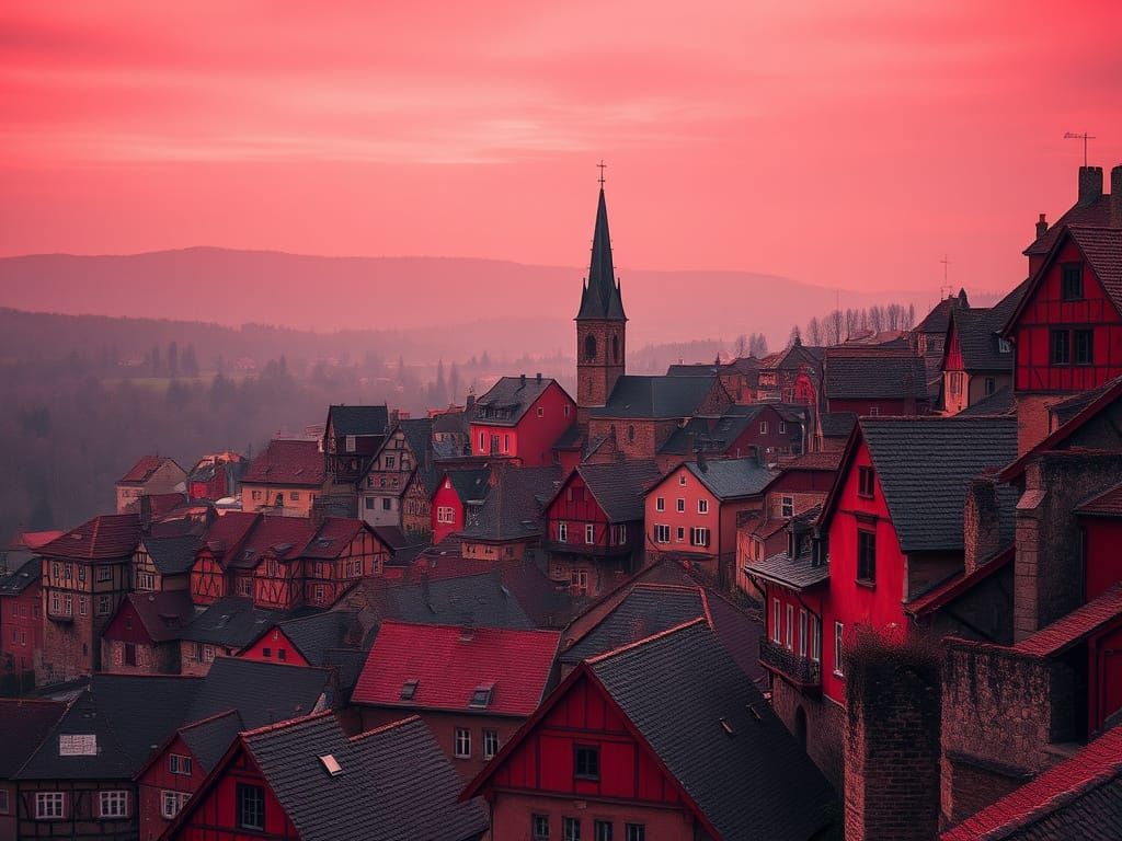 Red Medieval Town Under Crimson Sky