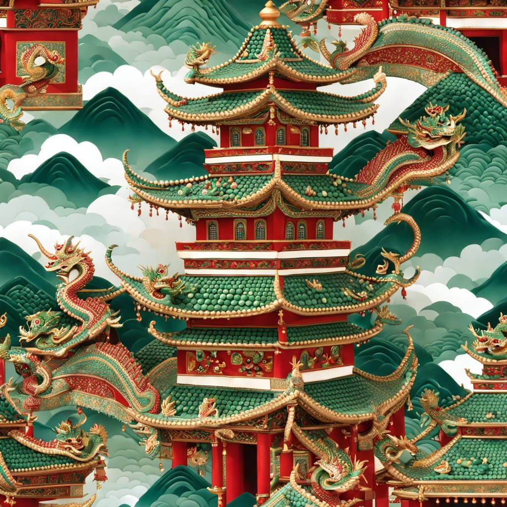 A traditional multi-tiered East Asian pagoda rendered with ornate bead patterns