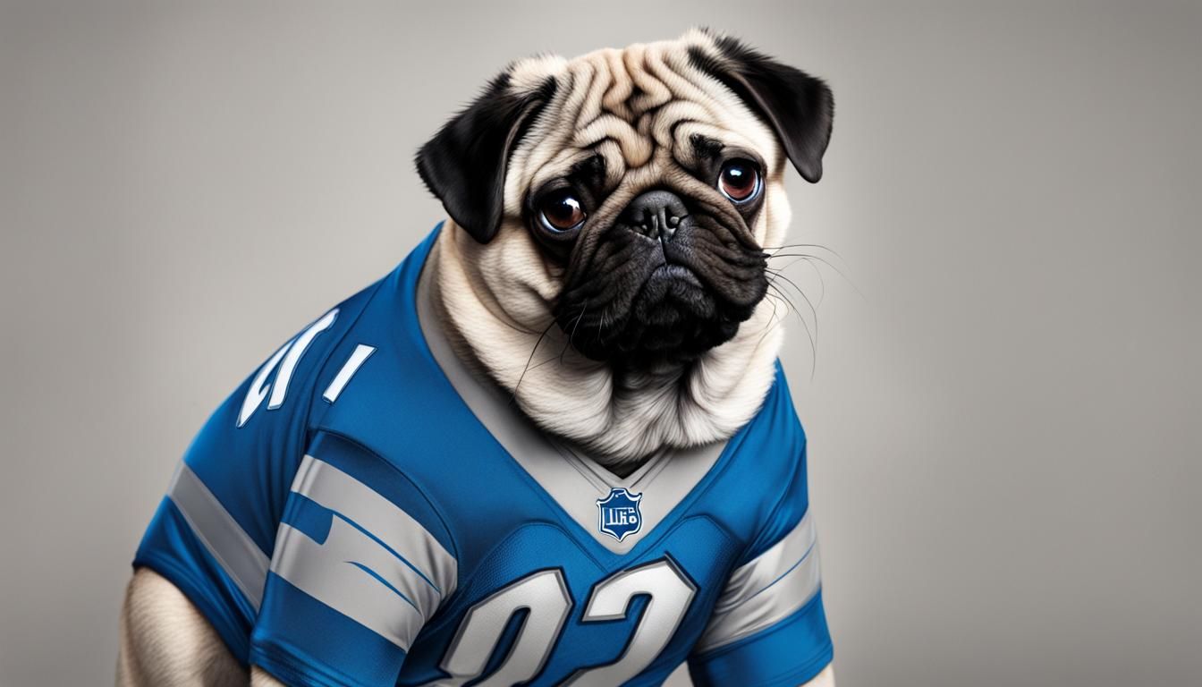 Pug in Detroit Lions Jersey: A Realistic AI Image