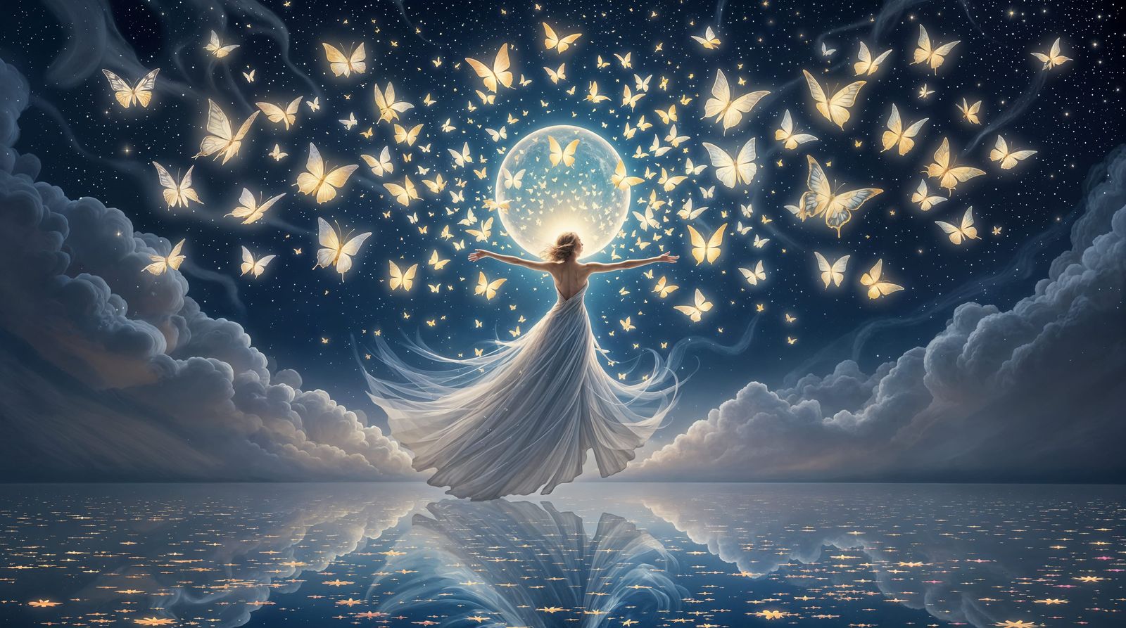 Surreal Butterflies Soar Above a Moonlit Lake in Art Nouveau...