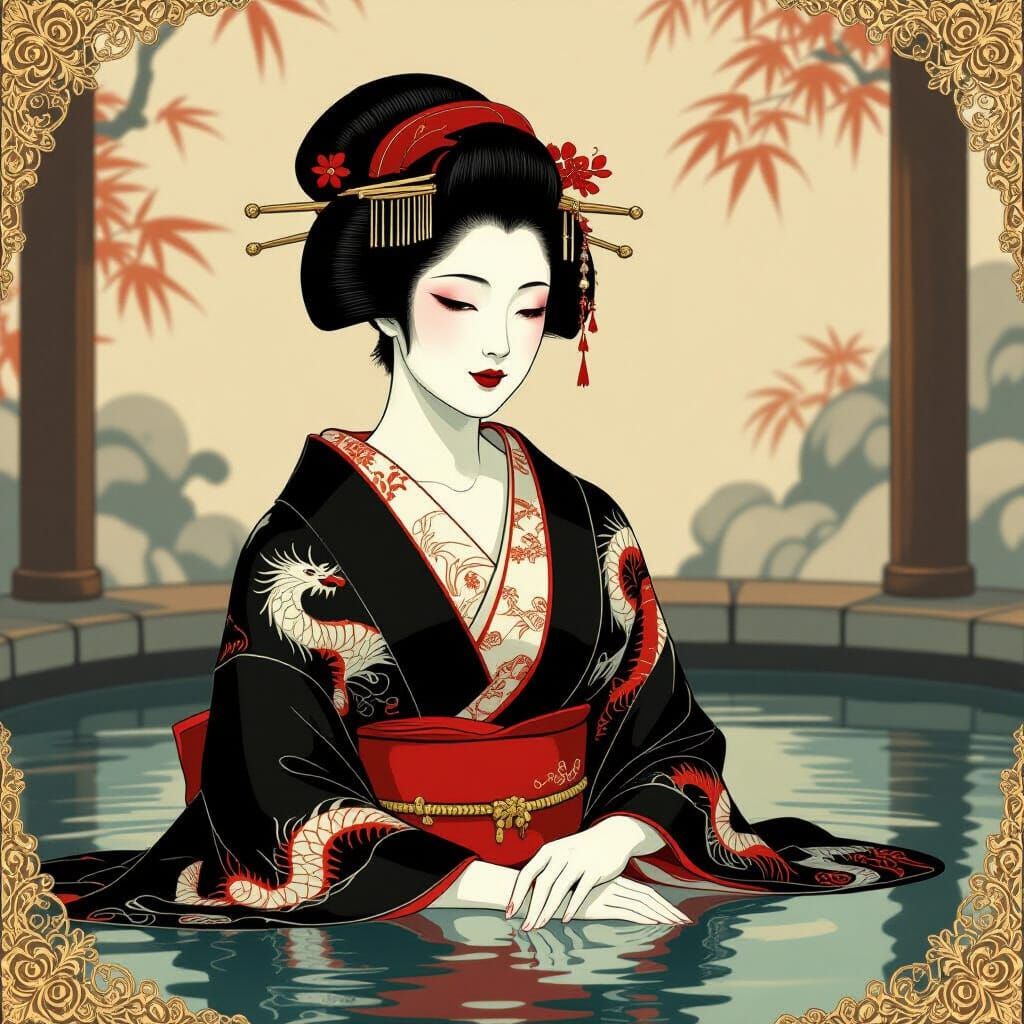 Geisha in Bathhouse: Art Nouveau Style
