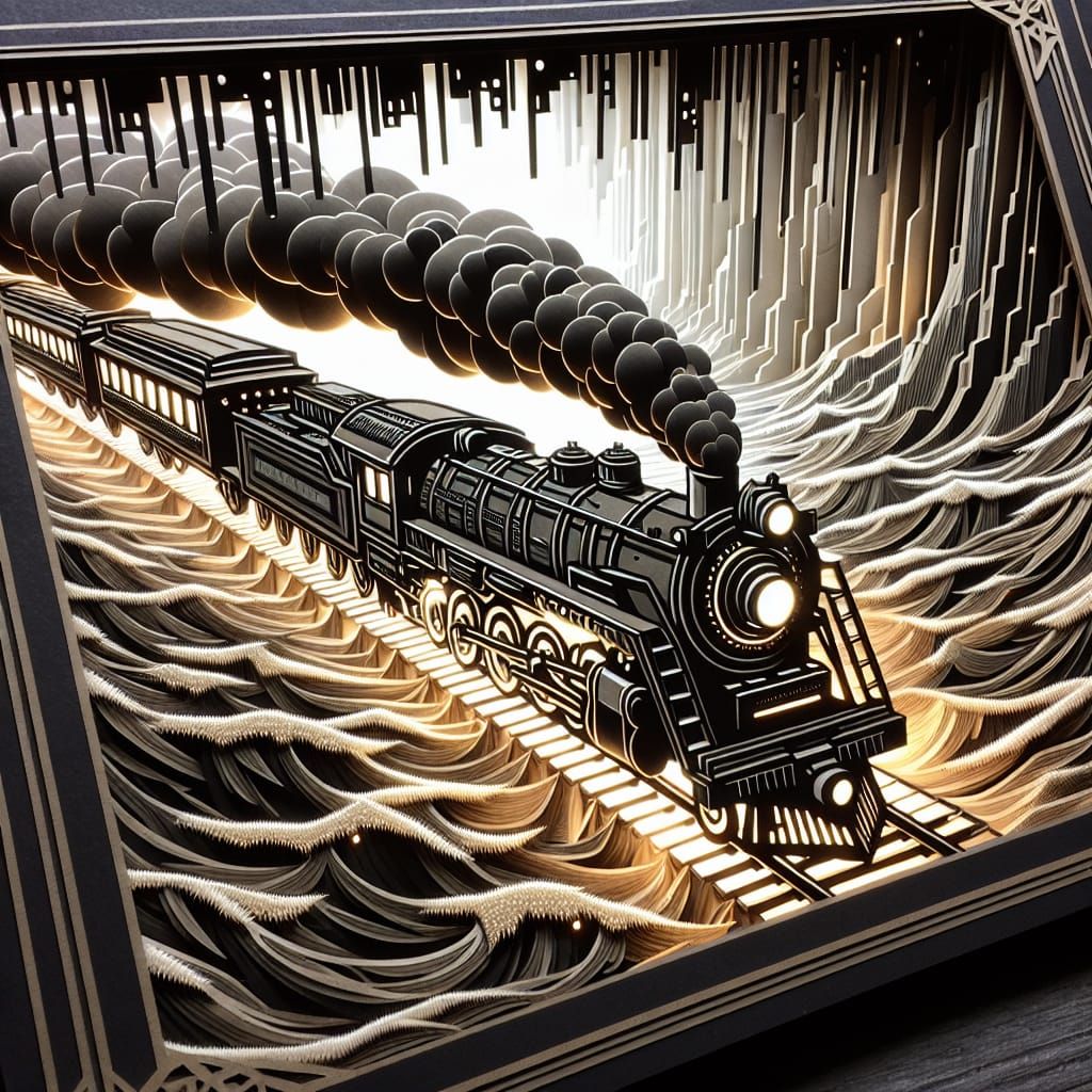 Grayscale Train in 3D Shadowbox Style