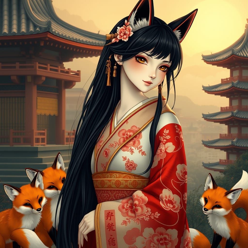 Ethereal Japanese Fox Goddess Amidst Whimsical Temples and F...