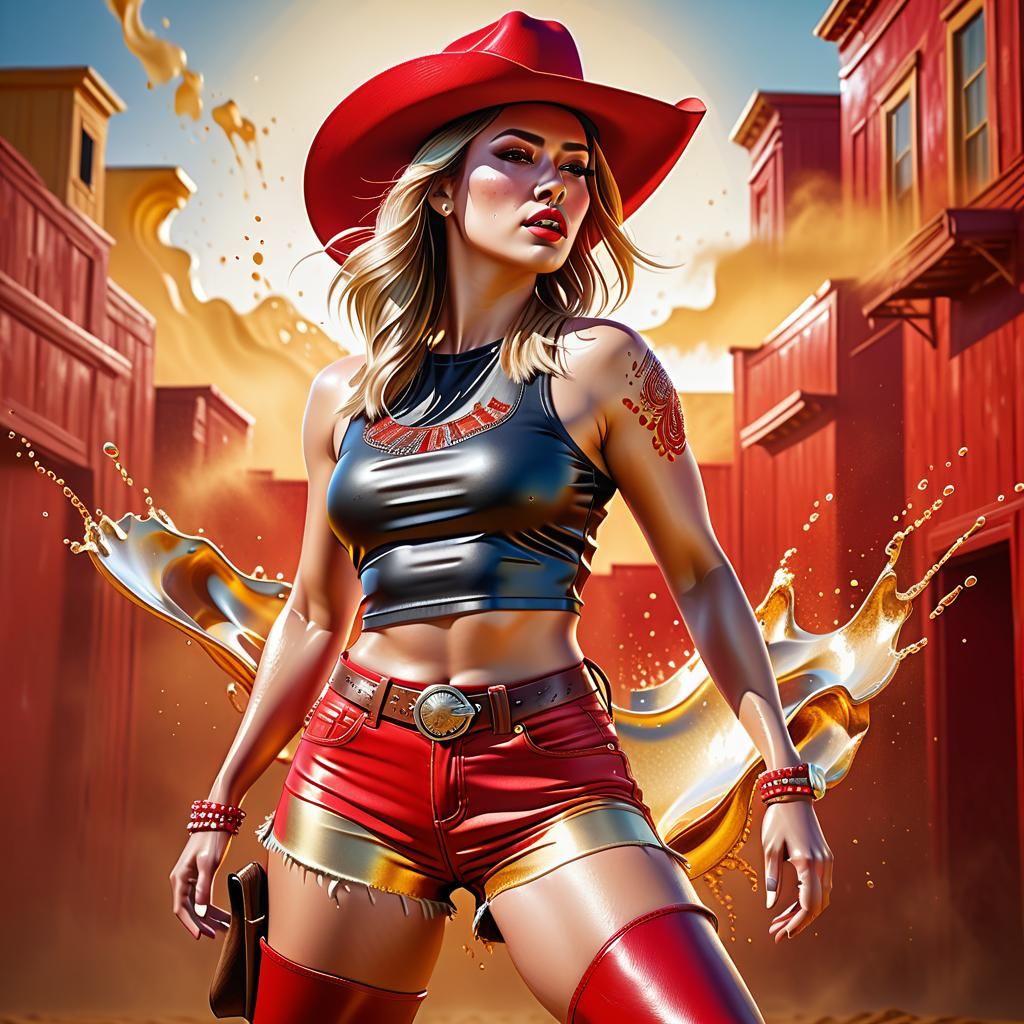 Hyperrealistic Woman in Cowboy Outfit Splash Art