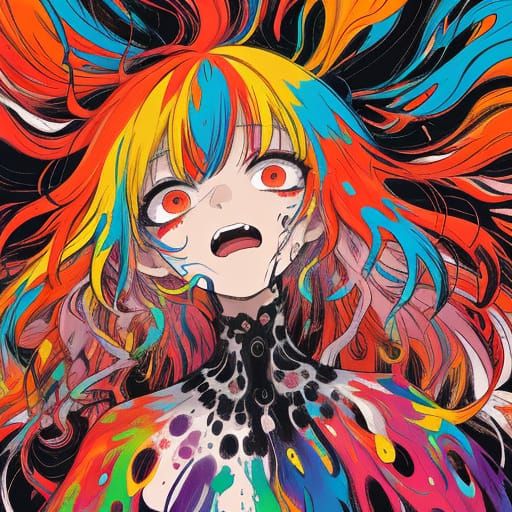 Surreal Woman Screaming in Chaotic Psychedelic Landscape