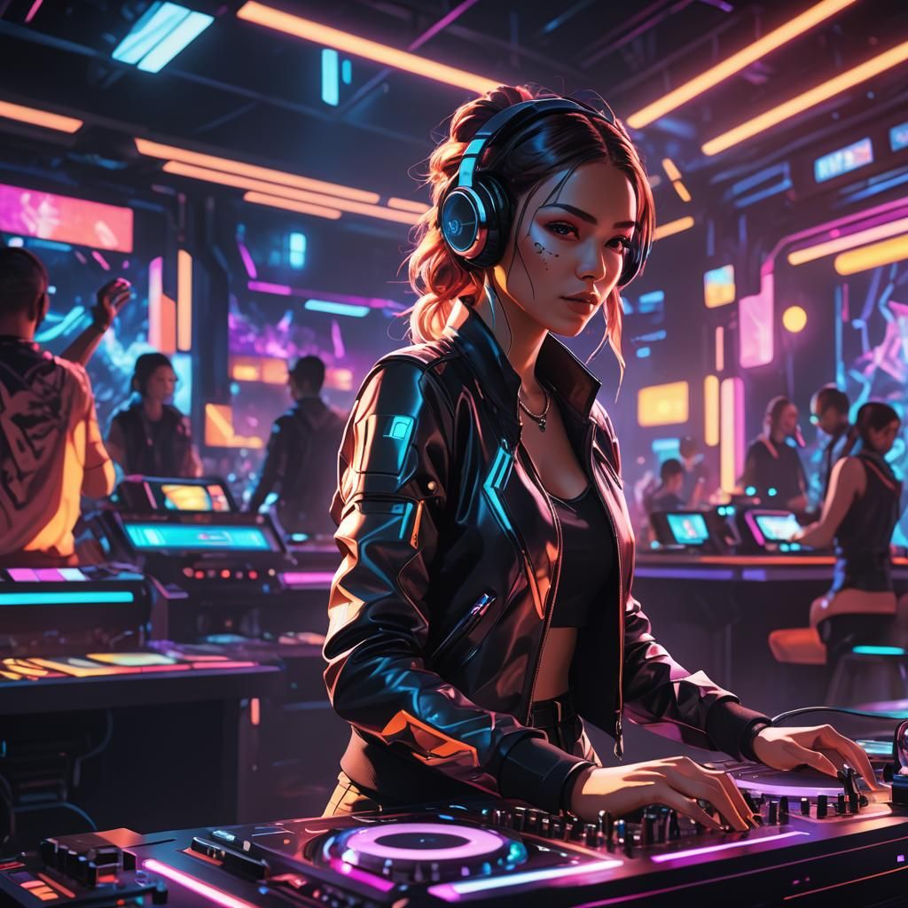 Girl DJing in Futuristic Nightclub, Anime Style