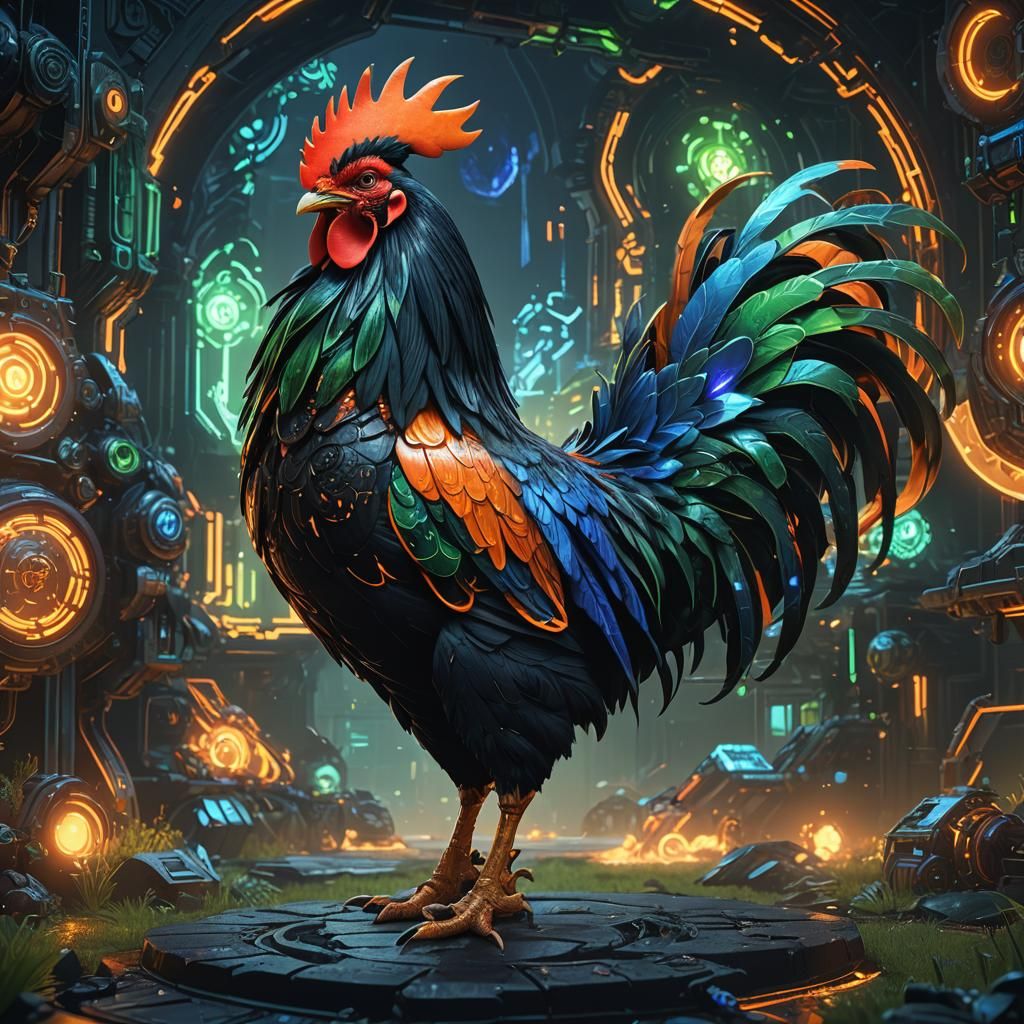 Rooster Cyborg with Glowing Trim: Detailed Digital Art