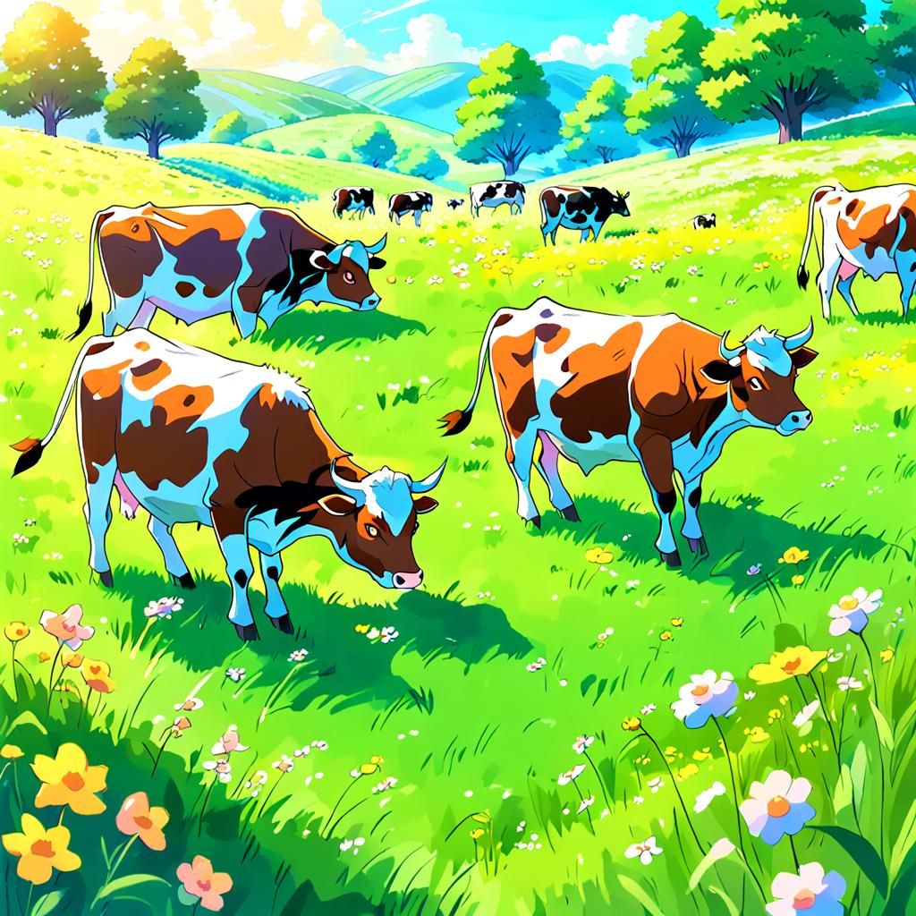Pokémon Cows in Vibrant Anime Landscape