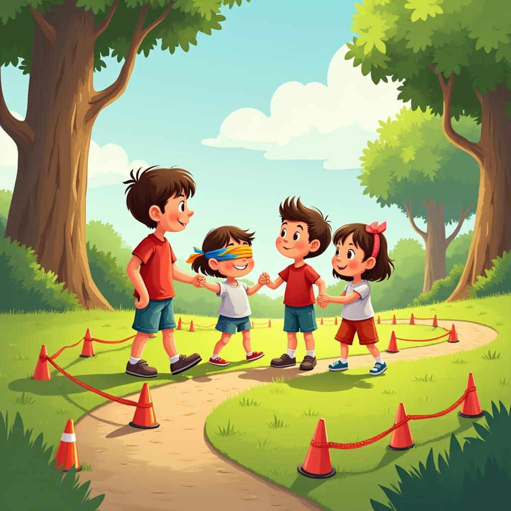 Children Playing Blindfolded Game in Sunny Meadow