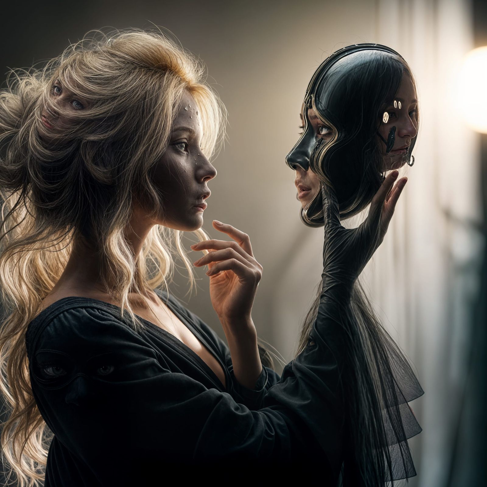 Surreal Woman Attaches Face Mask in Dramatic Lighting