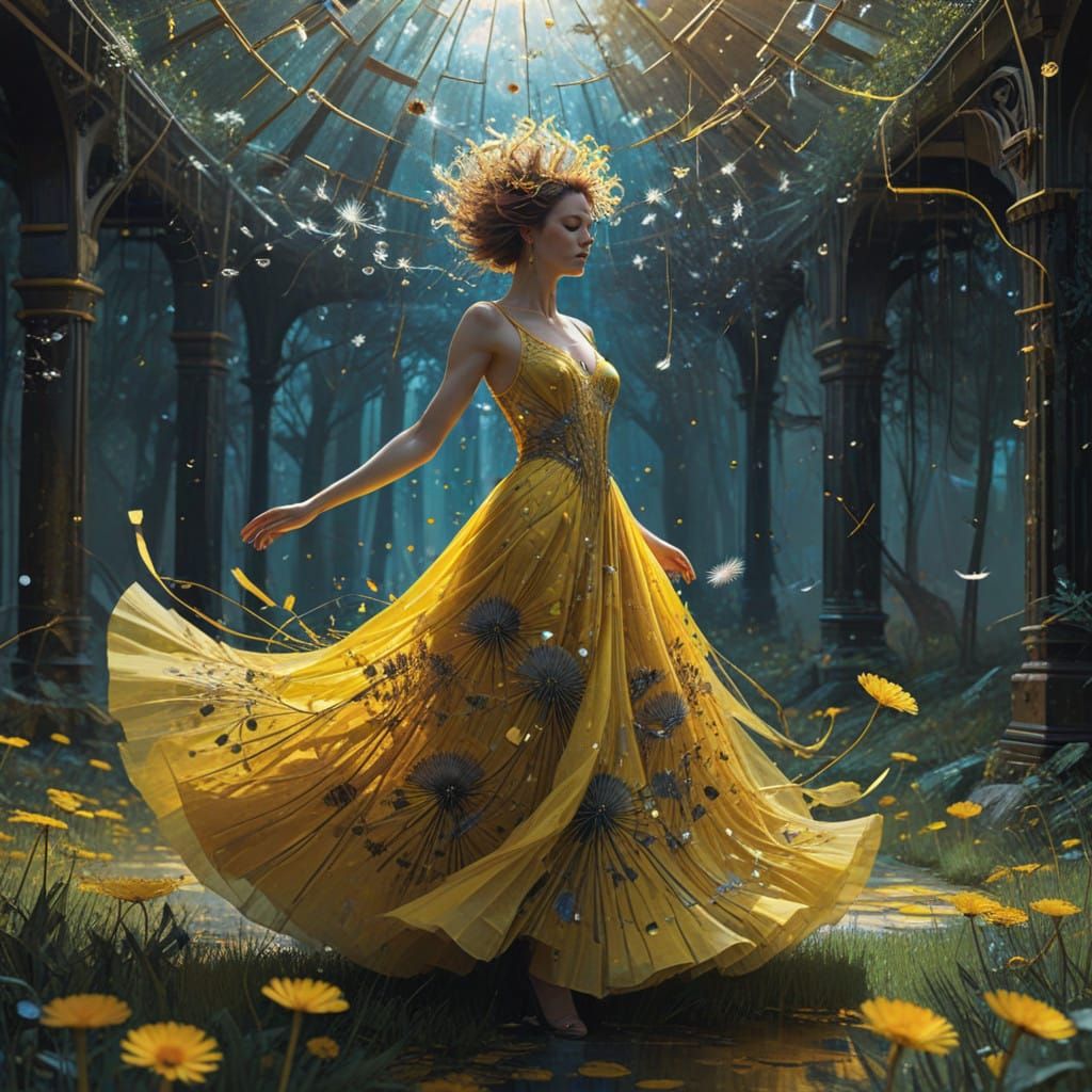 Surreal Art Deco Goddess in Dandelion Gown