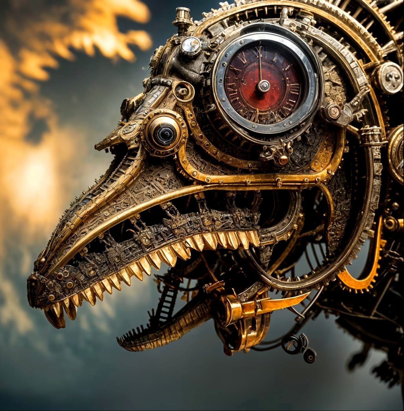 Steampunk Mechanical Dinosaur in Elegant Hyperrealistic Styl...