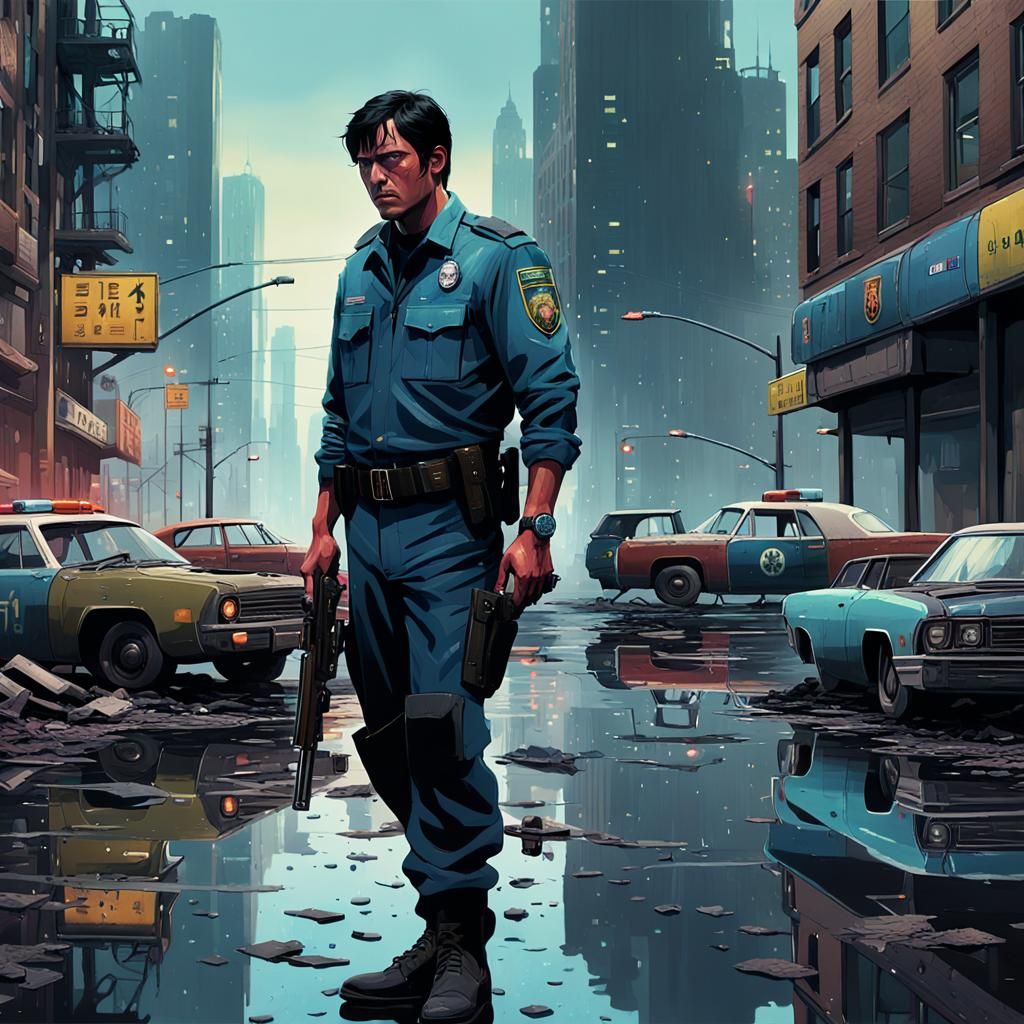 Apocalyptic Cop in Hyperrealistic Cityscape