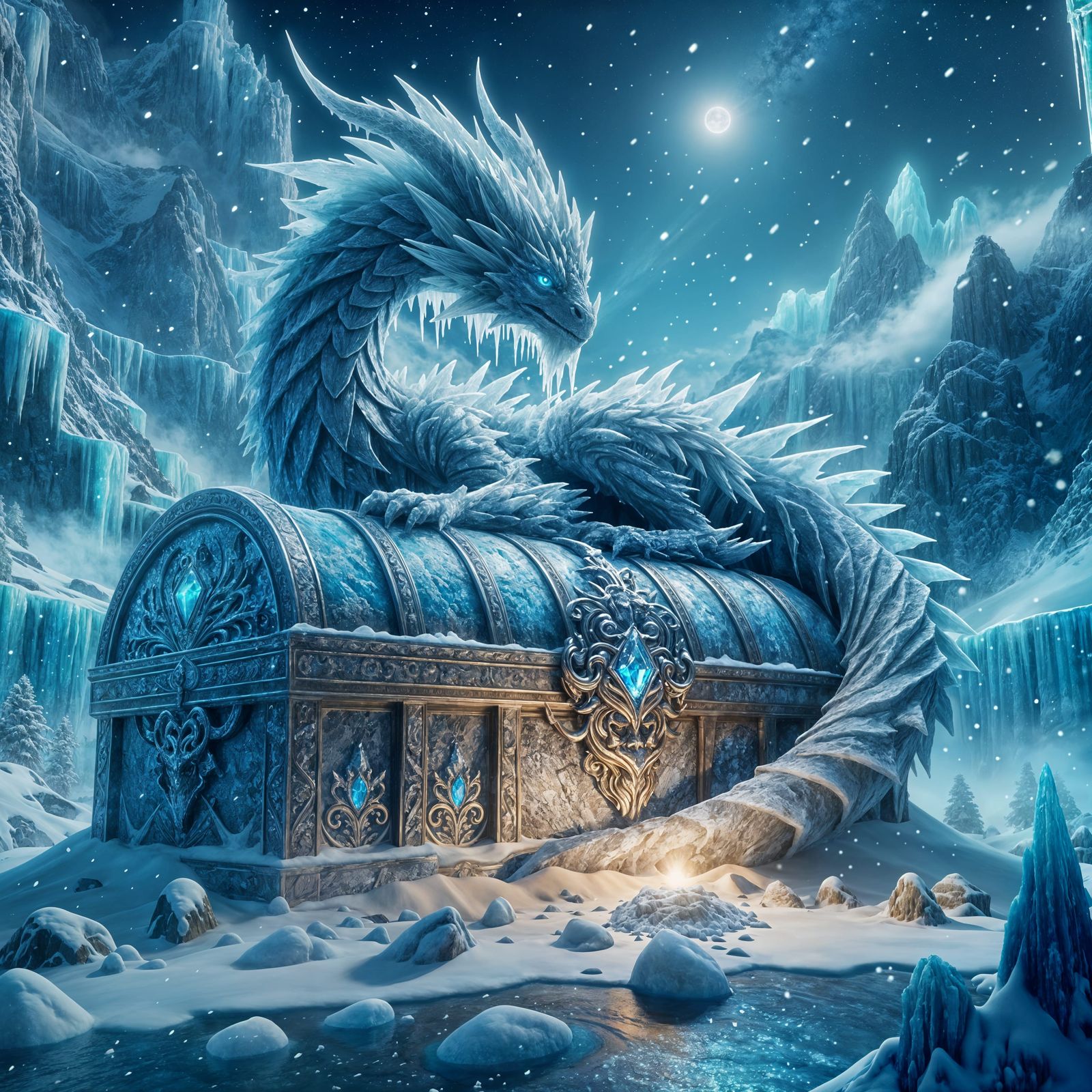 Majestic Ice Dragon on Crystal Treasure Chest