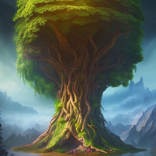 Towering World Tree Yggdrasil in Enchanted Forest