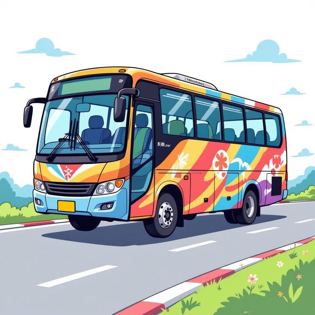 Colorful Tour Bus in Japanese Manga Style