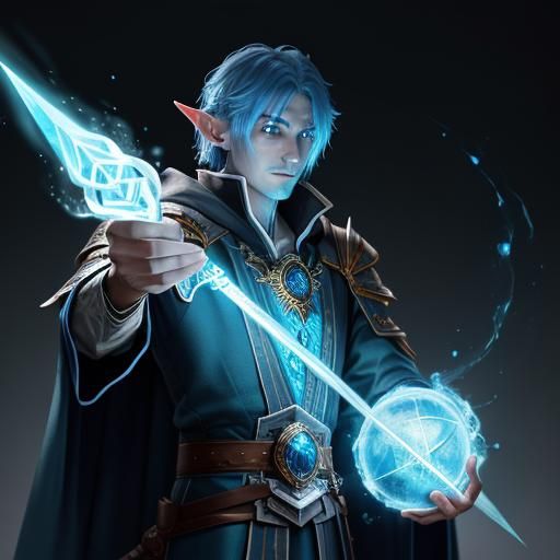 Tall elf male wizard, blue skin, light blue detailed magic robes, mage staff with a glowing azure crystal, casting gravi...