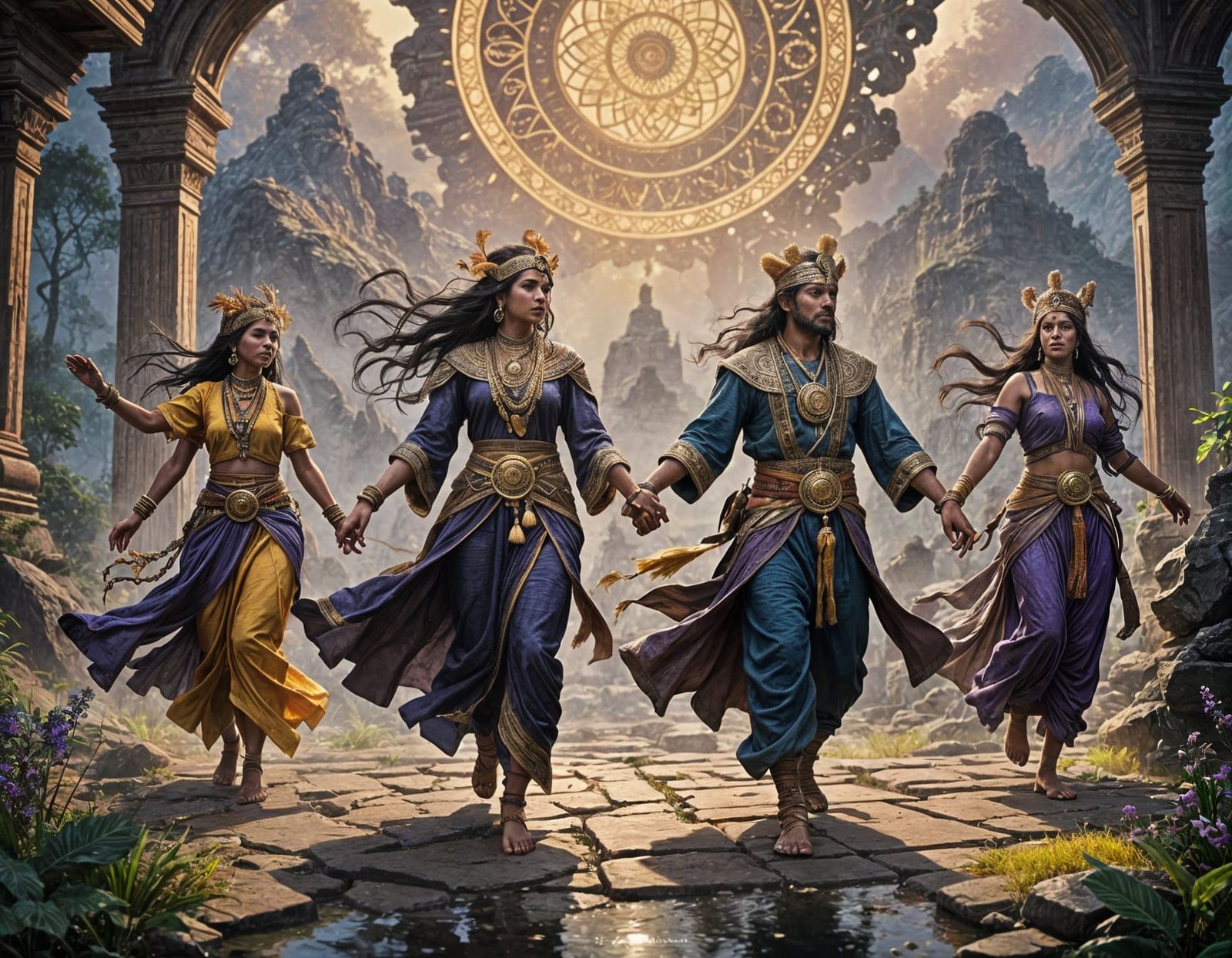 Ancient Indian Shamans Dancing in Dark Fantasy Landscape