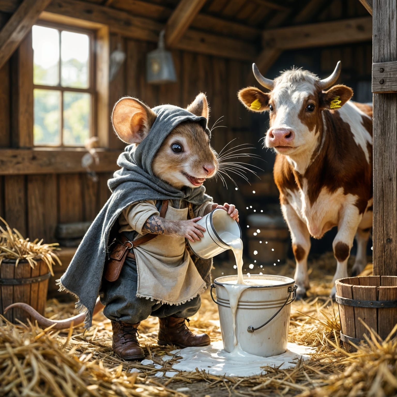 Anthropomorphic Mouse Milking Cow in Rustic Barn