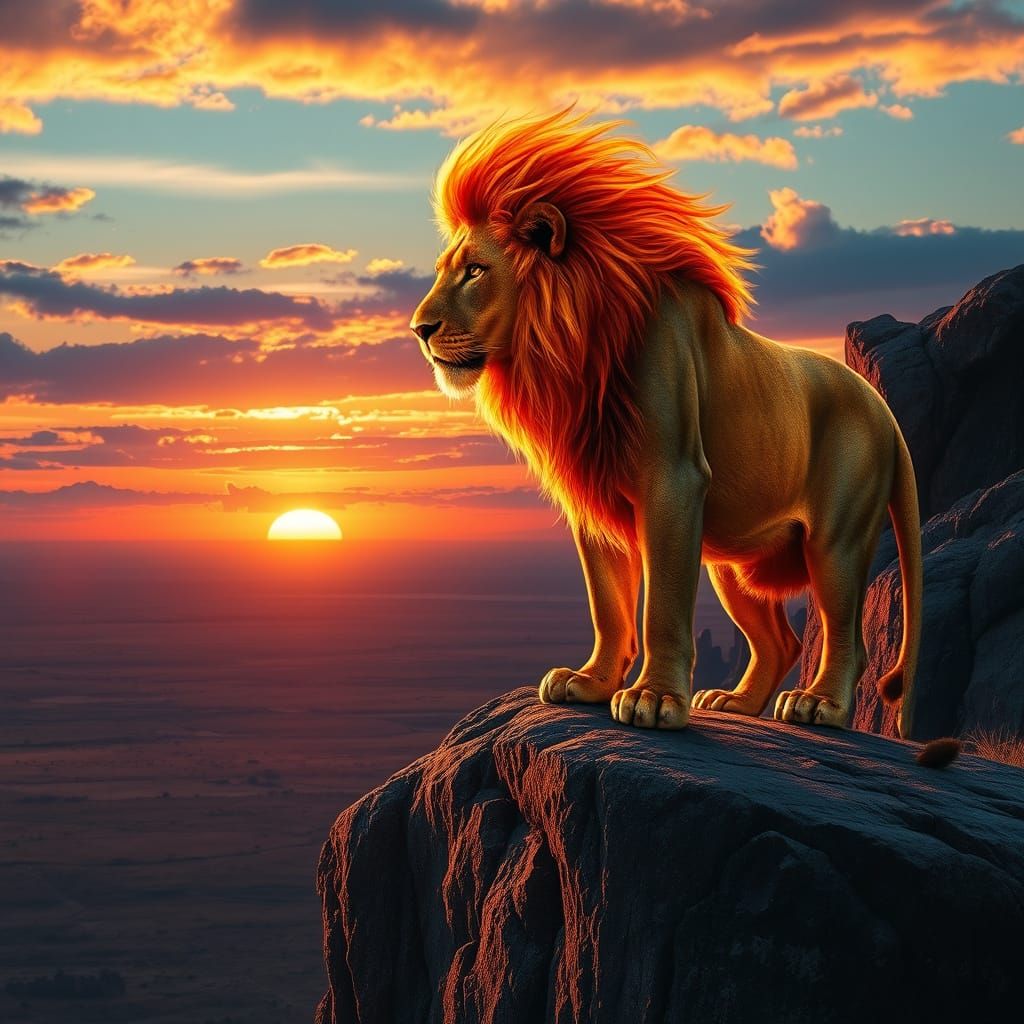 Majestic Lion of Chrome and Flame on Sunset Savanna