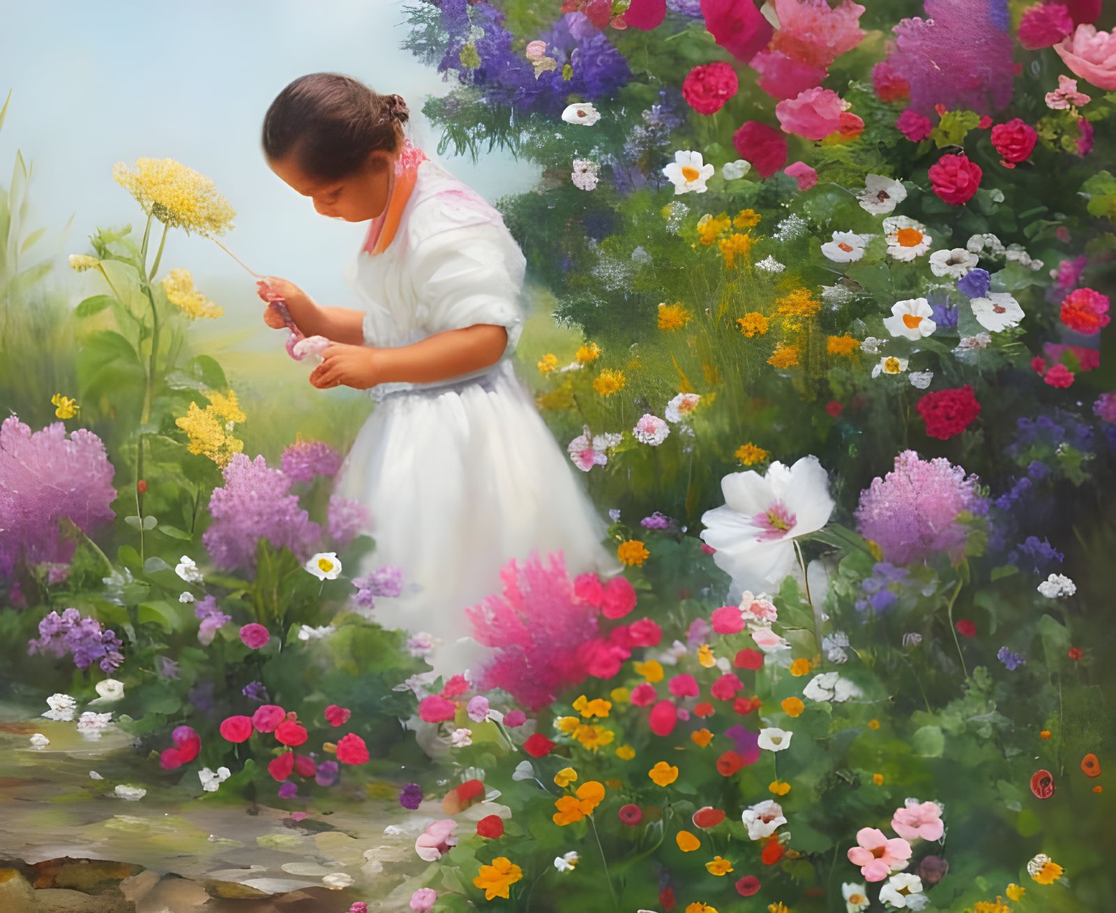 Rococo Flower Garden Painting in Naive Art Style