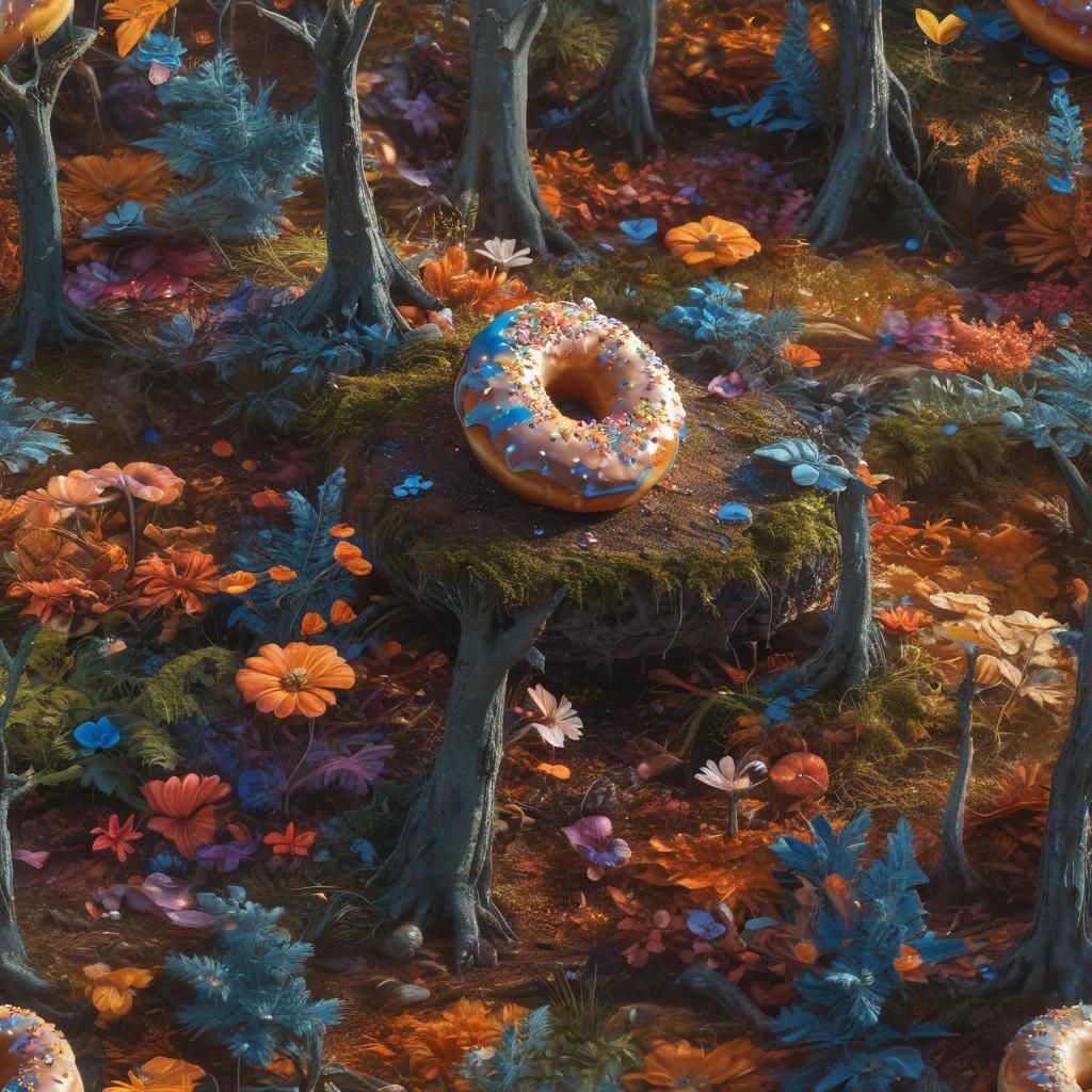 Whimsical Donut in Vibrant Fantasy Forest