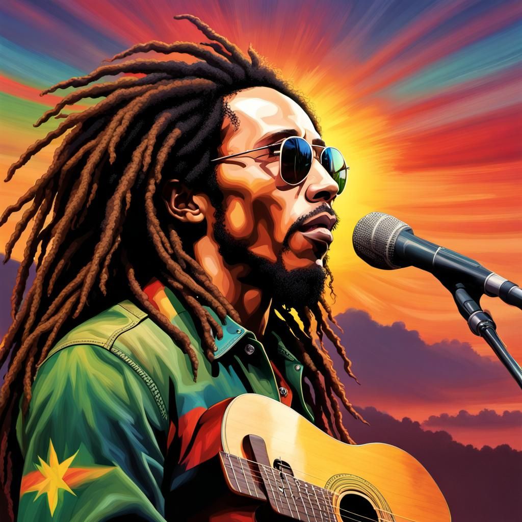 Bob Marley Portrait with Sunset, Digital Art