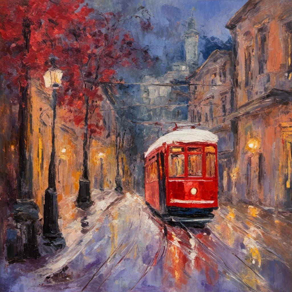 Historic Streetcar in European City, Semi-Abstract Oil Paint...