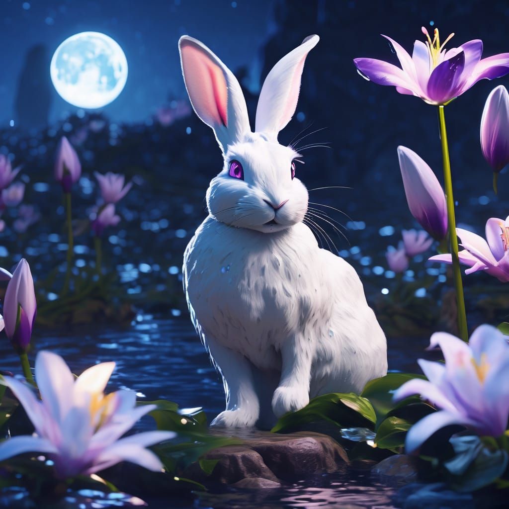 White Rabbit and Lilies in Moonlight: Fantasy Art